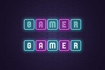 Sticker - Neon composition of text Gamer. Vector headline