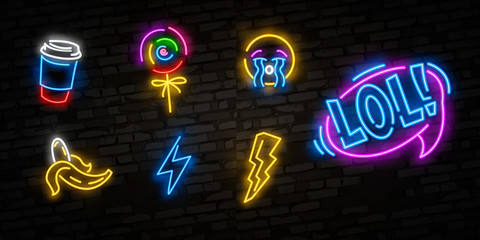 Wall Mural - Pop art icons set. Pop art neon sign. Bright signboard, light banner. Neon isolated icon, emblem. Heart, diamond, pizza, smile, hand, ice cream, star, donut and unicorn vector neon icon