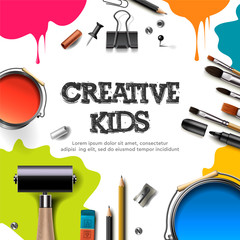 Wall Mural - Kids art craft, education, creativity class concept. Banner or poster with white square paper background, hand drawn letters, pencil, brush, paints. Vector illustration.