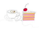 Fototapeta Dinusie - Cake and cup of coffee. One line drawing.