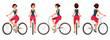 Vector illustration of young woman in casual clothes riding bicycle .Cartoon realistic people illustration.Flat young woman.Front, side and back views. Isometric views. Sportive woman. Training, bike.