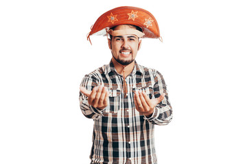 Brazilian man wearing traditional clothes for Festa Junina - June festival - isolated on white background