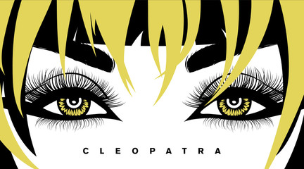 Wall Mural - Vector eye lashes and hair. Hand-drawn woman s sexy luxurious eye with perfectly shaped eyebrows and full lashes. Make up Idea for business card, flyer or banner. Perfect salon look. Cleopatra eyes.