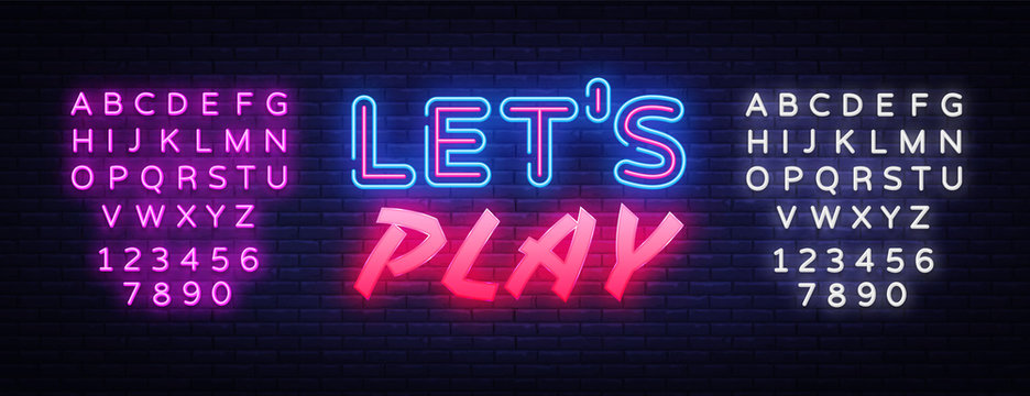 Lets Play neon text vector design template. Gaming neon logo, light banner design element colorful modern design trend, night bright advertising, bright sign. Vector. Editing text neon sign