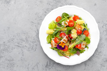 Pasta salad with grilled chicken meat, vegetables and cheese