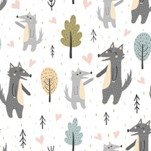 Cute Mother Wolf With Her Baby Pup Seamless Pattern. Forest Vector Illustration