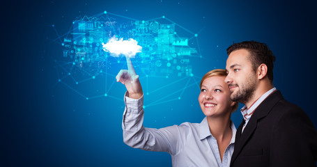 Poster - Man and woman touching hologram projection displaying information from cloud based system
