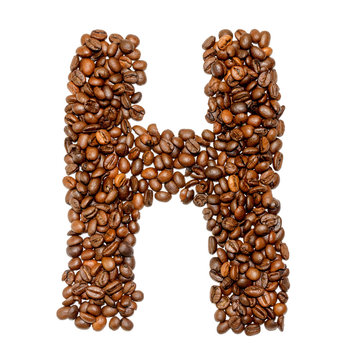 Coffee alphabet letter isolated on white background, closed up, letter H