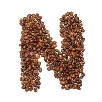 Coffee alphabet letter isolated on white background, closed up, letter N
