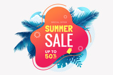 Summer Sale Banner Template. Summer Abstract Geometric Background With Palm Leaves And Clouds. Tropical Backdrop. Promo Badge For Your Seasonal Design. Vector Illustration.