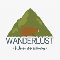 Sticker - wanderlust label with landscape and bear grizzly scene