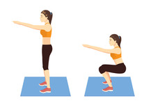 Exercise Guide By Woman Doing Air Squat In 2 Steps In Side View For Strengthens Entire Lower Body. Illustration About Workout.