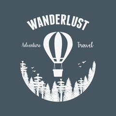 Sticker - wanderlust label with forest scene and balloon air hot