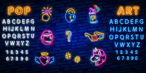 Wall Mural - Pop art icons set. Pop art neon sign. Bright signboard, light banner. Neon isolated icon, emblem. Heart, diamond, pizza, smile, hand, ice cream, star, donut and unicorn vector neon icon