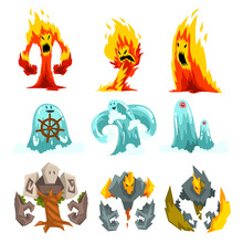 Fire, Stone And Water Monsters Set, Fantasy Mystic Creatures Cartoon Characters Vector Illustration