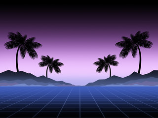 Wall Mural - Synthwave and retrowave background template. Palms, sun and space in computer game. Retro design, rave music, 80s computer graphics and sci-fi concept.