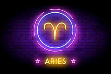 the aries zodiac symbol, horoscope sign in trendy neon style on a wall. aries astrology sign with li