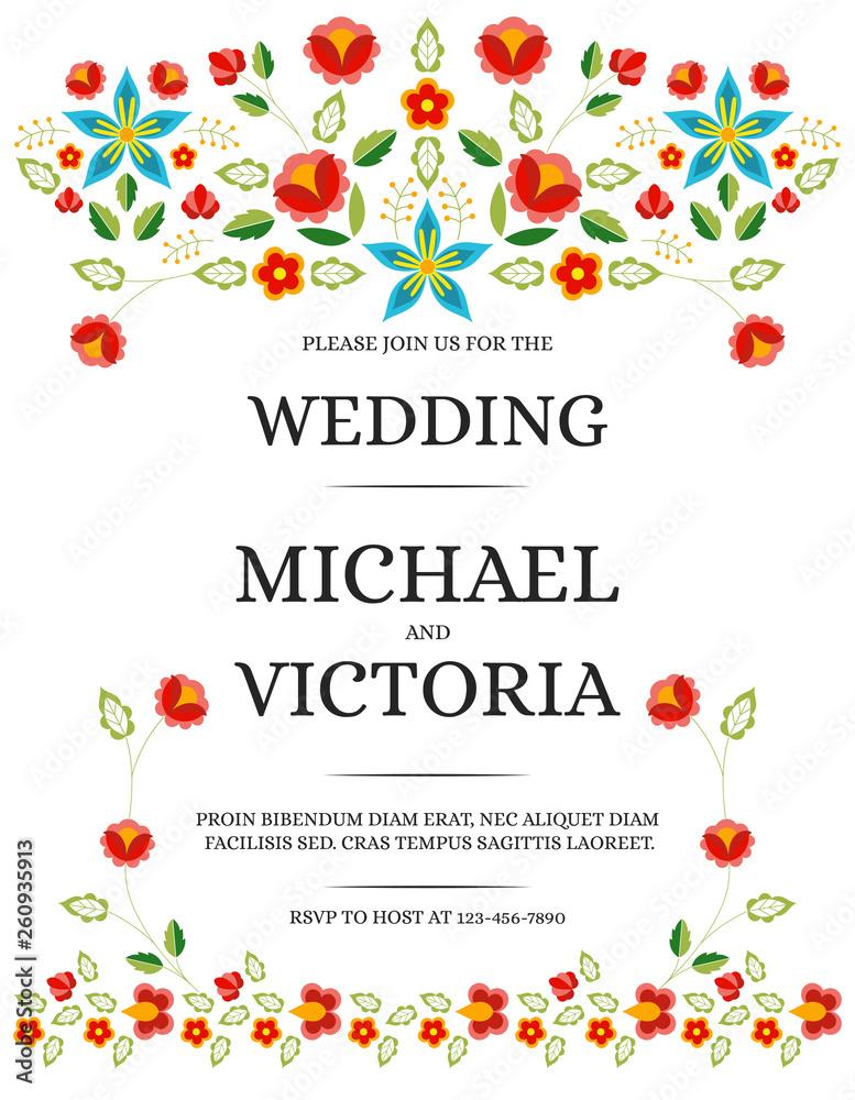 Traditional wedding invite card template vector. Classic flowers save the date design or invitation party. Polish folk pattern on white background. - obrazy, fototapety, plakaty 
