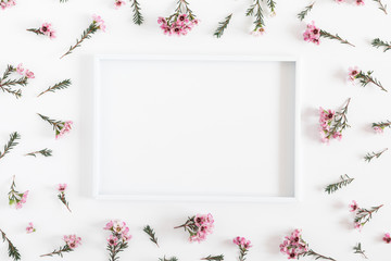 Wall Mural - Beautiful flowers composition. Blank frame for text, pink flowers on white background. Valentines Day, Easter, Birthday, Happy Women's Day, Mother's day. Flat lay, top view, copy space