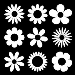 Camomile big set. White daisy chamomile silhouette icon. Cute round flower head plant collection. Love card symbol. Growing concept. Flat design. Black background. Isolated.