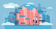 Urban Sprawl vector illustration. Tiny building construction person concept