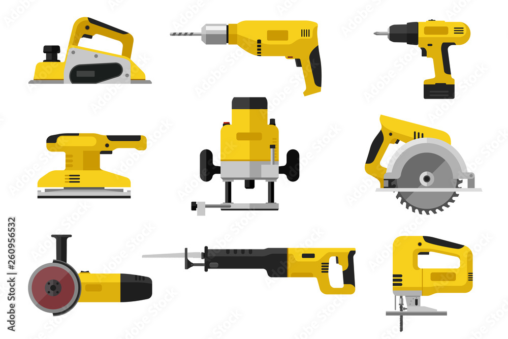 Power tools. Yellow electric industrial tools. Flat illustrations of saws, drill planer grinders screwdriver. - obrazy, fototapety, plakaty 