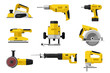 Power tools. Yellow electric industrial tools. Flat illustrations of saws, drill planer grinders screwdriver.
