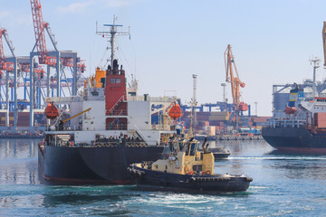 Wall Mural - Tugboat at the bow of cargo ship , assisting the vessel to maneuver in Sea Port of Odessa, Ukraine