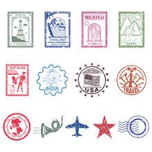 Travel And Post Stamps Vector Vintage Design Elements Set Isolated On A White Background.