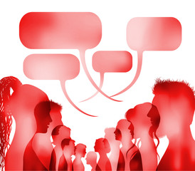 Poster - Crowd speaks. Speech bubble. Group of isolated people talking. Red silhouette head profile faces. Networking communication. Dialogue with multi-ethnic people. Social network. Multiple exposure