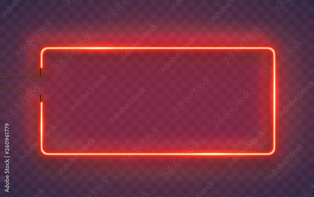 Neon rectangle lamp wall sign isolated on transparent background. Vector red power glowing bulb banner, light line border or frame for your design. - obrazy, fototapety, plakaty 