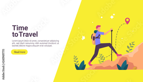 backpacker travel adventure concept. outdoor vacation recreation in nature theme of hiking, climbing and trekking with people character. template for landing page, banner, poster, ad or print media