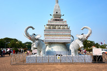 Elephant Statue Out Of Cups And Plates Next To Patuxai Victory Monument The One Attractive Landmark Of Vientiane City Of Laos.