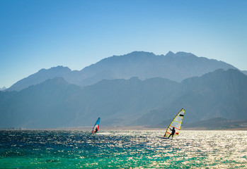 Poster - surfers ride in the sea on the background of the rocky coast in Egypt Dahab