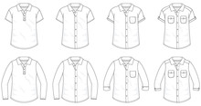 Set Of Shirts Button Up Blouses Fashion Stylish T-shirt Polo Collection Template, Fill In The Blank Vest Tops Various Styles Short And Long Sleeve With Pocket And Collar Outline