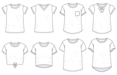 Wall Mural - Isolated t-shirt object of clothes and fashion stylish wear fill in blank. Set of clothing t shirts and vector illustration. Regular, V-Neck, Pocket, Bow, Crop top, Long, Baggy Tee