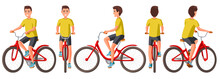 Vector Illustration Of Young Man In Casual Clothes Riding Bicycle .Cartoon Realistic People Illustration.Flat Young Man.Front, Side And Back Views. Isometric Views. Sportive Man. Training, Bike.