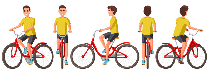 vector illustration of young man in casual clothes riding bicycle .cartoon realistic people illustra