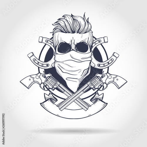 Fotografía Sketch, skull with horseshoe, revolver, headscarf face mask