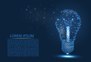 Poster - abstract image of a light bulb of lines and triangles, dots, connecting the network on a blue backgr