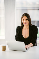 Wall Mural - Female manager at the office. Boss working on her laptop.