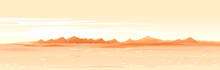Martian Orange Surface Panorama Landscape Background On A Sunny Day, Sand Hills With Stones On A Deserted Planet, Landscape Of Mars Planet