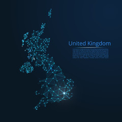 Wall Mural - United Kingdom communication network map. Vector low poly image of a global map with lights in the form of cities or population density consisting of points and shapes in the form of stars and space.