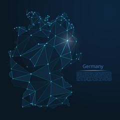 Poster - Germany communication network map. Vector low poly image of a global map with lights in the form of cities in or population density consisting of points and shapes in the form of stars and space.