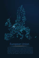 Poster - European Union communication network map. Vector low poly image of a global map with lights in the form of cities population density consisting of points and shapes in the form of stars and space.