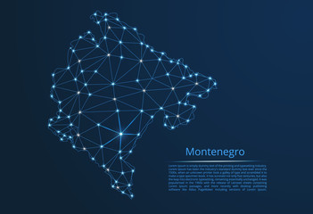 Aufkleber - Montenegro communication network map. Vector low poly image of a global map with lights in the form of cities in or population density consisting of points and shapes in the form of stars and space.