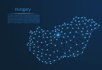 Aufkleber - Hungary communication network map. Vector low poly image of a global map with lights in the form of cities in or population density consisting of points and shapes in the form of stars and space.