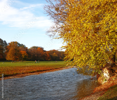 Beauriful View Of Englischer Garten In Munich In A Sunny Autumnal