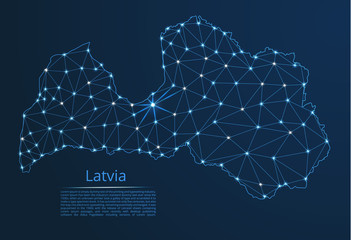 Aufkleber - Latvia communication network map. Vector low poly image of a global map with lights in the form of cities in or population density consisting of points and shapes in the form of stars and space.