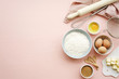 Baking ingredients and utensils on pink background. Cooking or baking cake, cookies, pastry concept. Top view, copy space